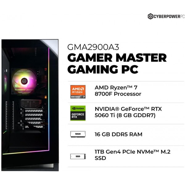 CyberPowerPC Gamer Master Gaming PC, AMD Ryzen 7 8700F 4.1GHz, GeForce RTX 5060 Ti 8GB, 16GB DDR5, 1TB PCIe 4.0 SSD, WiFi Ready & Windows 11 Home (GMA2900A3)