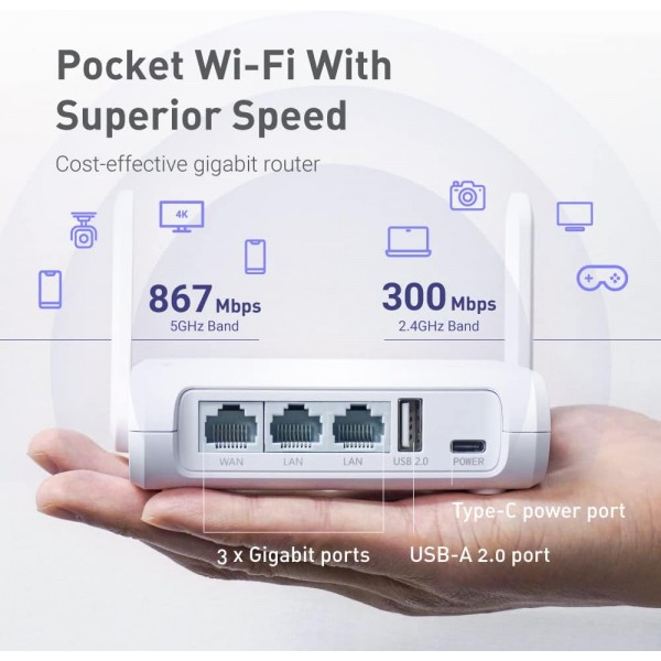 GL.iNet GL-SFT1200 (Opal) Secure Travel WiFi Router – AC1200 Dual Band Gigabit Ethernet Wireless Internet | IPv6 USB 2.0 MU-MIMO DDR3 |128MB Ram Repeater Bridge Access Point Mode