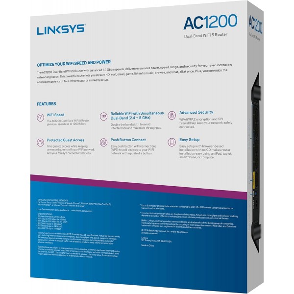 Linksys E5400 WiFi 5 Dual Band Router | 1,500 Sq. ft Coverage | 10+ Devices | Parental Control, Guest WiFi | Speeds (AC1200) 1.2Gbps