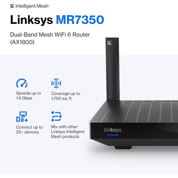 Linksys Mesh Wifi 6 Router, Dual-Band, 1,700 Sq. ft Coverage, 25+ Devices, Speeds up to (AX1800) 1.8Gbps - MR7350