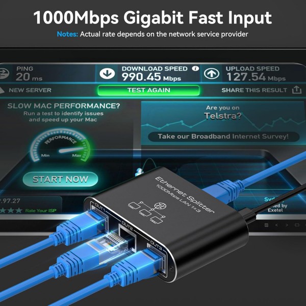 Ethernet Splitter 1 to 3 1000Mbps High Speed Internet Splitter LAN Splitter Ethernet Switch Either Network Splitter Supports Simultaneous Networking of 3 Devices Works with Cat6/7/8 Cables