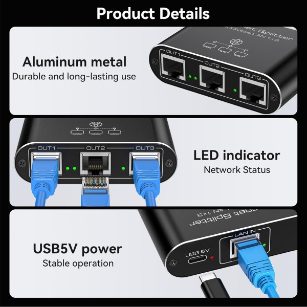 Ethernet Splitter 1 to 3 1000Mbps High Speed Internet Splitter LAN Splitter Ethernet Switch Either Network Splitter Supports Simultaneous Networking of 3 Devices Works with Cat6/7/8 Cables