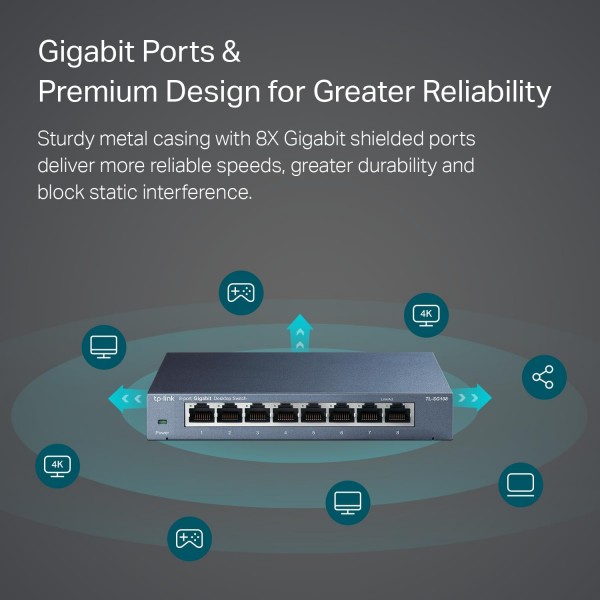 TP-Link TL-SG108 8 Port Gigabit Unmanaged Ethernet Network Switch, Ethernet Splitter Plug & Play Fanless Metal Design Shielded Ports Traffic Optimization
