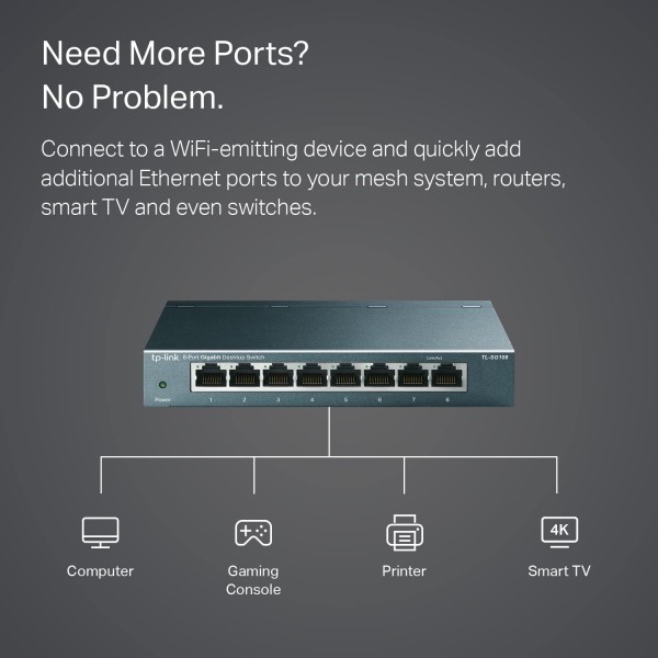 TP-Link TL-SG108 8 Port Gigabit Unmanaged Ethernet Network Switch, Ethernet Splitter Plug & Play Fanless Metal Design Shielded Ports Traffic Optimization