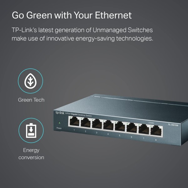 TP-Link TL-SG108 8 Port Gigabit Unmanaged Ethernet Network Switch, Ethernet Splitter Plug & Play Fanless Metal Design Shielded Ports Traffic Optimization