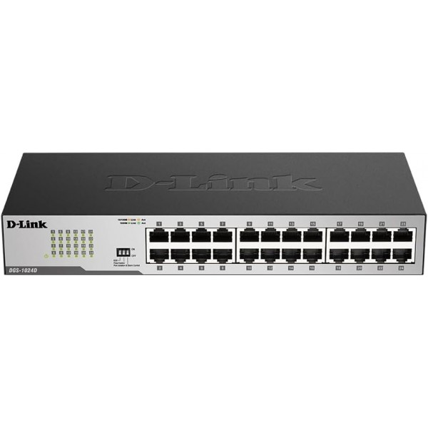 D-Link DGS-1024D, Ethernet Switch, 24 Port Gigabit Unmanaged Fanless Network Hub Desktop or Rack Mountable, Black