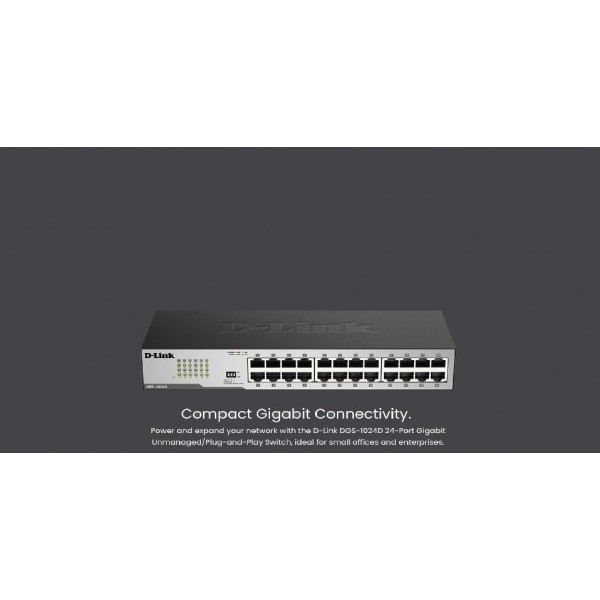 D-Link DGS-1024D, Ethernet Switch, 24 Port Gigabit Unmanaged Fanless Network Hub Desktop or Rack Mountable, Black