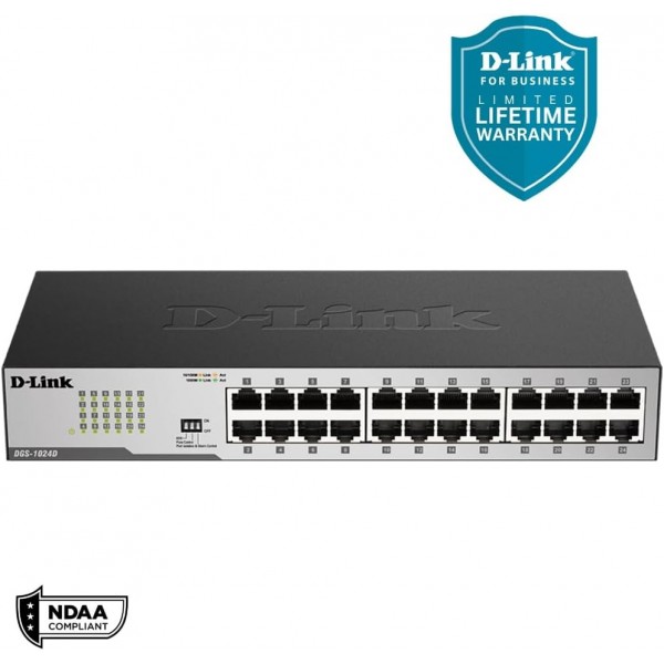 D-Link DGS-1024D, Ethernet Switch, 24 Port Gigabit Unmanaged Fanless Network Hub Desktop or Rack Mountable, Black