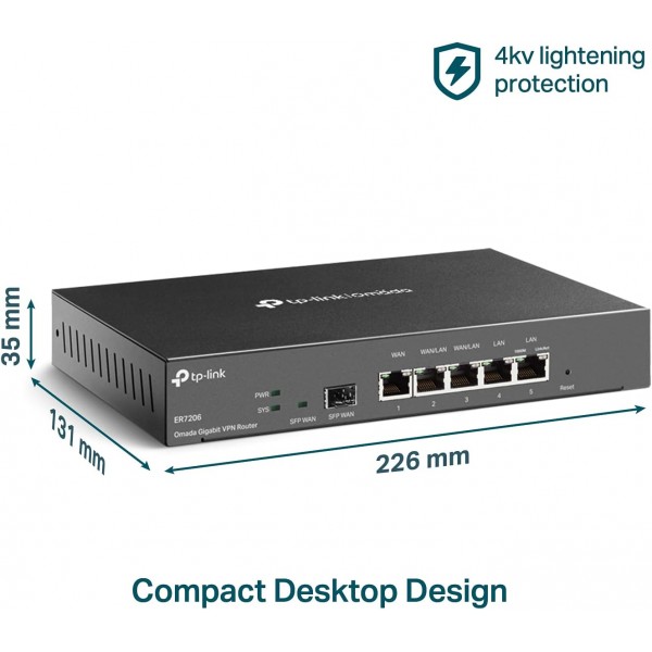 TP-Link ER7206 Multi-WAN Professional Wired Gigabit VPN Router Increased Network Capacity SPI Firewall Omada SDN Integrated Load Balance Lightning Protection
