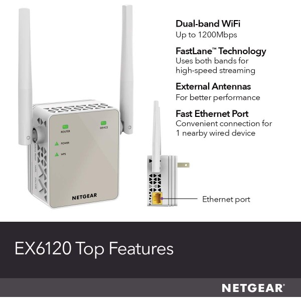 NETGEAR Wi-Fi Range Extender EX6120 - Coverage Up to 1500 Sq Ft and 25 Devices with AC1200 Dual Band Wireless Signal Booster & Repeater (Up to 1200Mbps Speed), and Compact Wall Plug Design, White