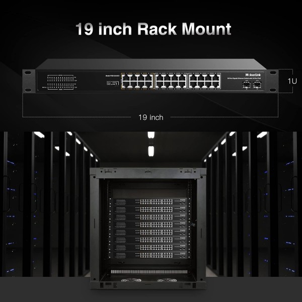 MokerLink 26 Port Gigabit PoE Switch, 24 Gigabit PoE+ Ports, 2 Gigabit SFP Uplink, 300W IEEE802.3af/at, Fanless Rackmount Unmanaged Plug and Play Ethernet Switch