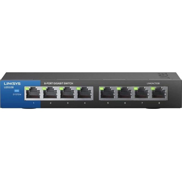 Linksys LGS108: 8-Port Business Desktop Gigabit Ethernet Unmanaged Switch, Computer Network, Wired Connection Speed up to 1,000 Mbps (Black, Blue)