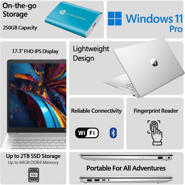 HP 2024 Newest 17 inch Laptop, AMD Ryzen 5 5500U 6 Cores Processor(Beat i7-1250U), 17" FHD (1080p) IPS Display, 32GB RAM, 1TB SSD, Fingerprint Reader, Windows 11 Pro, Include 250GB Portable SSD